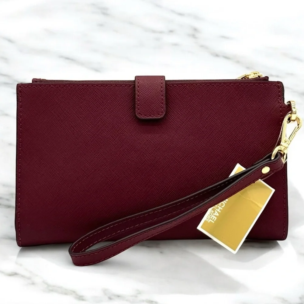 Michael Kors Large Jet Set Travel Double Zip Wallet Dark Cherry